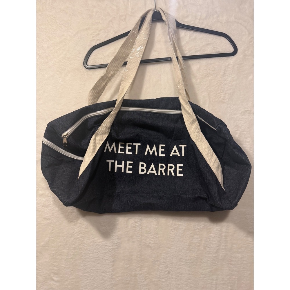 Meet Me At The Barre Denim Duffel Bag Gym Travel Dance Tote Dark Blue White